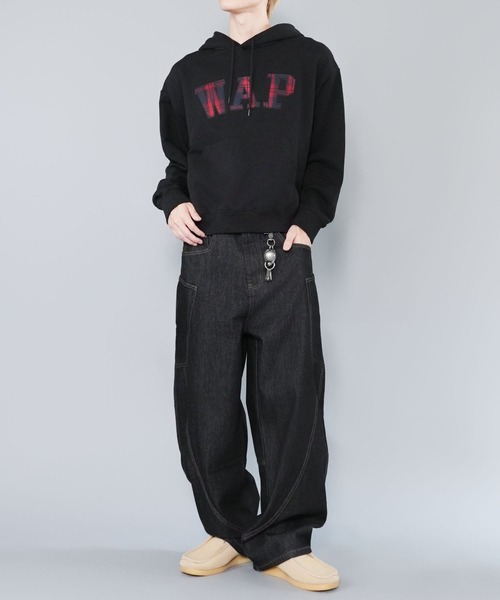 SPINNS パーカー 短丈スウェットパーカー/チェック/パッチワークロゴ