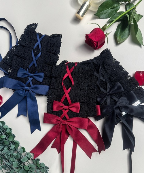 MAISON SELECT 9C35 はしごレース 編み上げ 黒レースアップ リボン