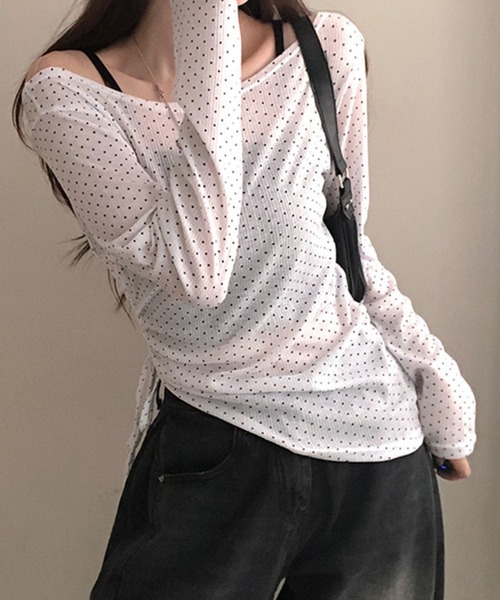 tシャツ 「26年春新作」アシンメトリードロストドット柄シアートップス