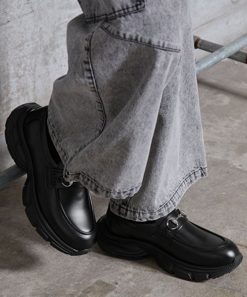 黒レザー ローファー 靴下付き SERACE ローファー 「SERACE」High sole bit sneaker loafers / ハイ