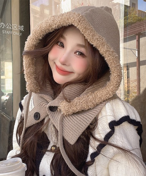 ReRe ネックウォーマー スヌード 裏ボア付きフードニットスヌード