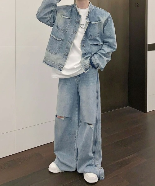 ダメージデニムとロゴトップセット♡ セール】【2サイズ展開】サイドダメージデニムパンツ（デニム