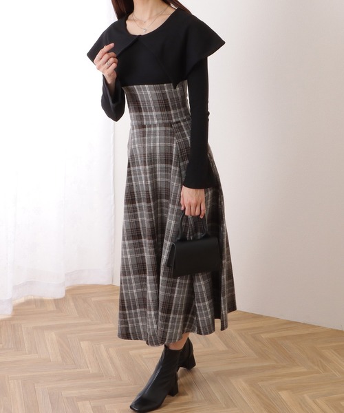 Lace Ladies ワンピース ビッグカラー チェック柄 ドッキング