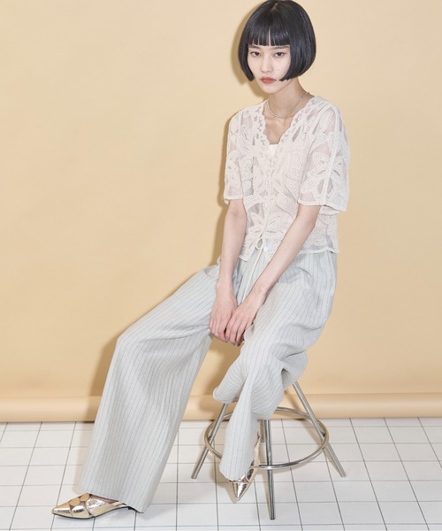 Studio Doe ストライプコットンリネンイージーパンツ (Women) レディース] ユーズド リネン混 ワイドイージーパンツ