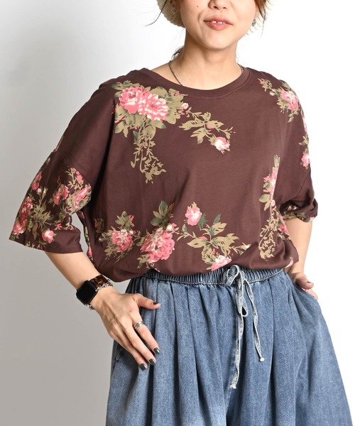 tシャツ 花柄 半袖総柄 五分袖 カットソー レディース
