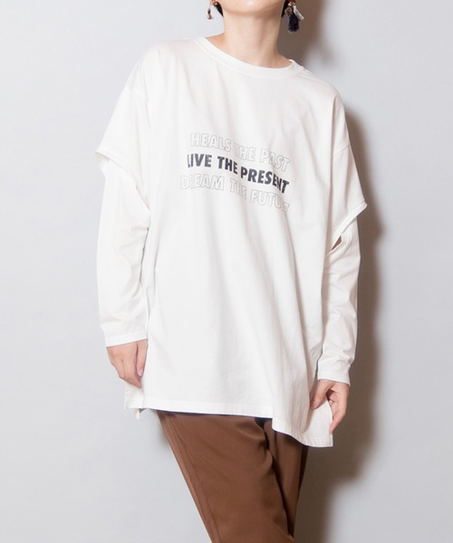 tシャツ 2WAYレイヤードスリーブプリントTシャツ レディース