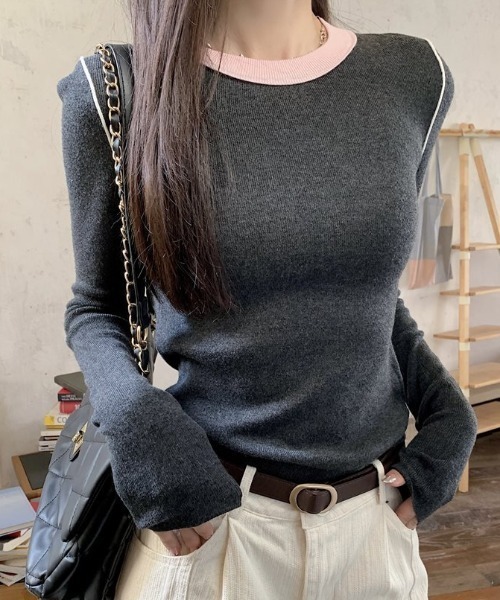 tシャツ えり付きパイピングニットプルオーバー レディース