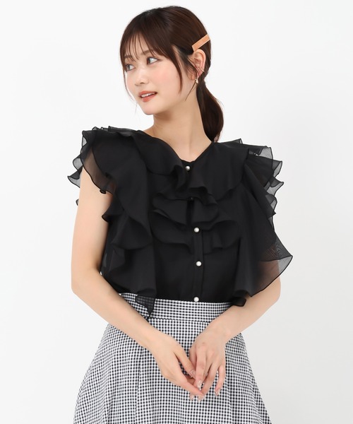 ブラウス シャツ フリルカットブラウス レディース ブラウス シャツ チャイナカットアウトクロップドブラウス