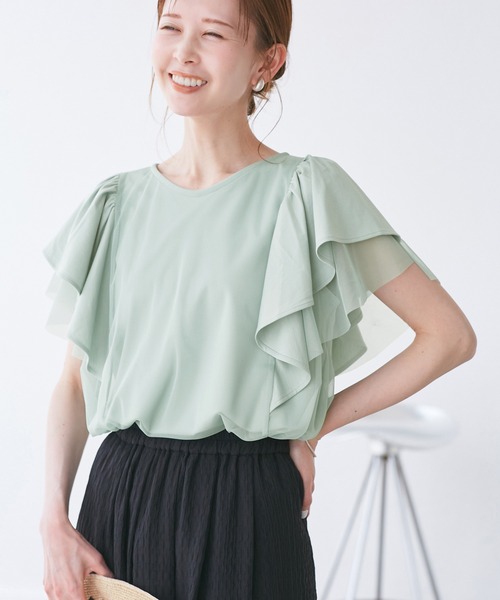 フリル付きチュールトップス グリーン ROPE' PICNIC（ロペ ピクニック） tシャツ 「UVカット・接触冷感