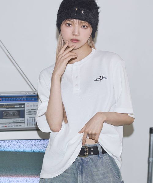 tシャツ ドライワッフル刺繍ロゴヘンリーネックハーフスリーブT