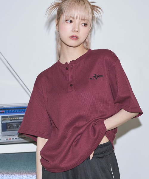 tシャツ ドライワッフル刺繍ロゴヘンリーネックハーフスリーブTシャツ
