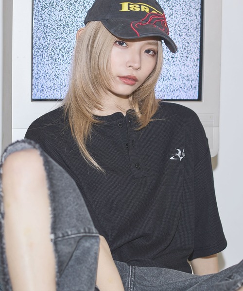 tシャツ ドライワッフル刺繍ロゴヘンリーネックハーフスリーブTシャツ