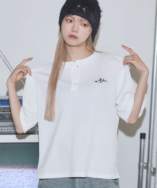ヘンリーネック tシャツ ドライワッフル刺繍ロゴヘンリーネックハーフ