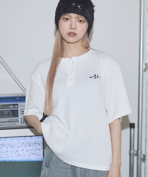 tシャツ ドライワッフル刺繍ロゴヘンリーネックハーフスリーブTシャツ