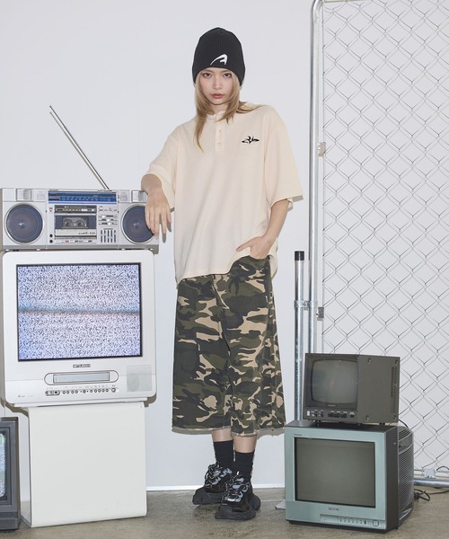 tシャツ ドライワッフル刺繍ロゴヘンリーネックハーフスリーブTシャツ