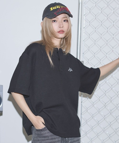 tシャツ ドライワッフル刺繍ロゴヘンリーネックハーフスリーブTシャツ