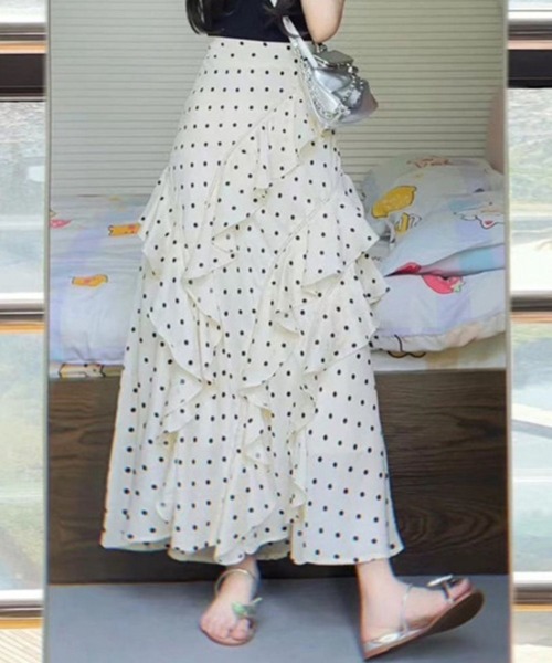 y's　水玉プリントロングスカート　美品 SPIGA スカート イレギュラーフリル水玉ロングスカート