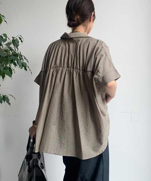 DouDou ブラウス シャツ バックシャーリングスキッパーシャツ