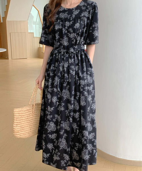 FINEnough ワンピース ウエストマークレトロ花柄半袖ワンピース