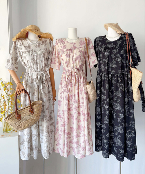 FINEnough ワンピース ウエストマークレトロ花柄半袖ワンピース