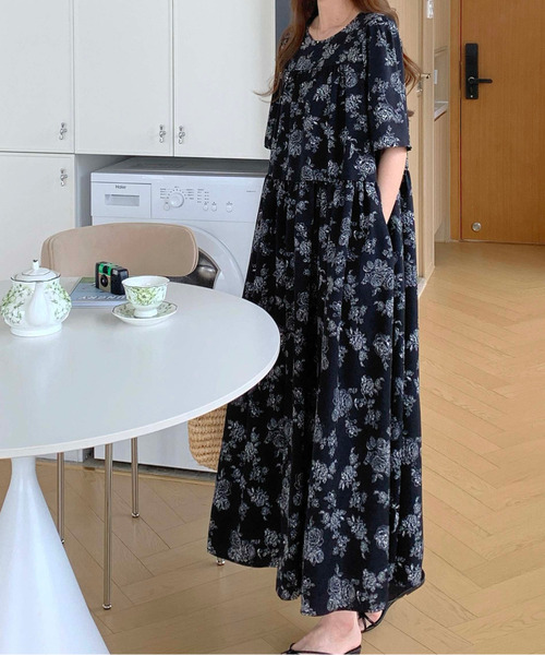 FINEnough ワンピース ウエストマークレトロ花柄半袖ワンピース