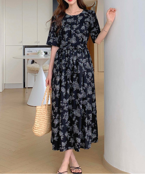 FINEnough ワンピース ウエストマークレトロ花柄半袖ワンピース