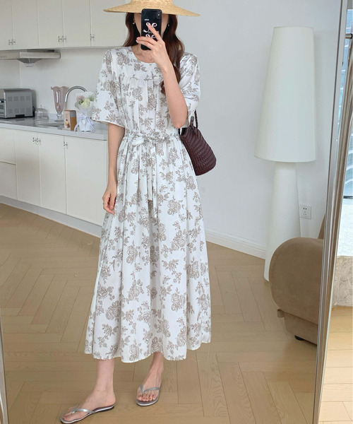 FINEnough ワンピース ウエストマークレトロ花柄半袖ワンピース