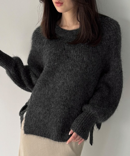 JUNOAH（ジュノア） ニット セーター モヘアライクサイドリボンクルー