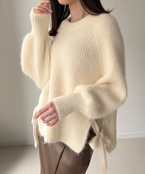 JUNOAH（ジュノア） ニット セーター モヘアライクサイドリボンクルー