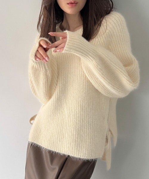 JUNOAH（ジュノア） ニット セーター モヘアライクサイドリボンクルー