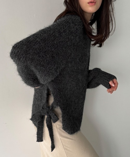 JUNOAH（ジュノア） ニット セーター モヘアライクサイドリボンクルー