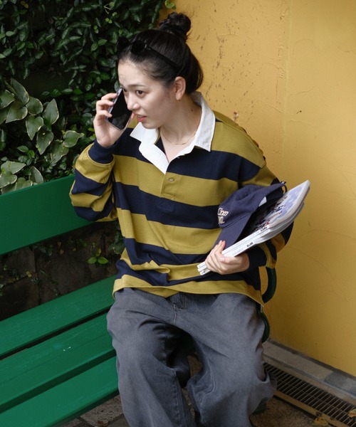 「BROKEN BASE」 長袖ポロシャツ MEDIUM ネイビー メンズ_画像4