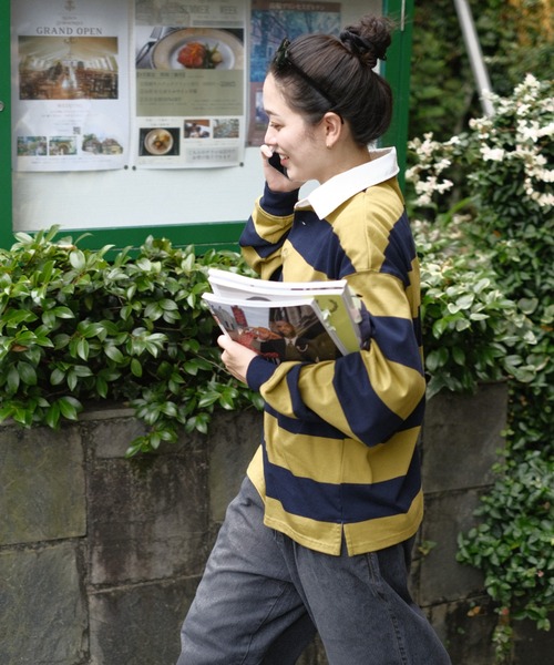 「BROKEN BASE」 長袖ポロシャツ MEDIUM ネイビー メンズ_画像5