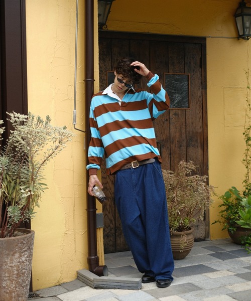 「BROKEN BASE」 長袖ポロシャツ MEDIUM ネイビー メンズ_画像7