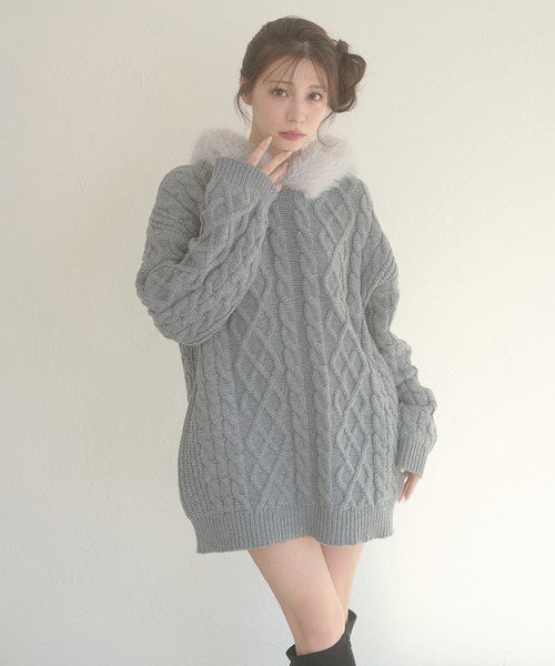 グレースコンチネンタル★ケーブルニットパーカー★ファー★アンゴラ混 Ambre Neige（アンブルネージュ） ニット セーター fake fur hood