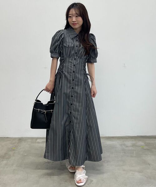 ★THE SHINZONE★ レースアップ シャツワンピース ブラック mipiarl シャツワンピース レースアップタックフレアシャツワンピース
