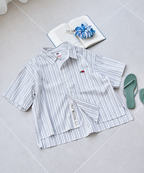 ブラウス シャツ FRUIT OF THE LOOM × FREAK'S STORE/フルーツオブザルーム 別注 マルチストライプ半袖ショートシャツの画像