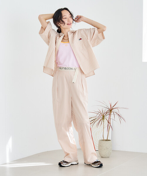 ブラウス シャツ FRUIT OF THE LOOM × FREAK'S STORE/フルーツオブザルーム 別注 マルチストライプ半袖ショートシャツの画像