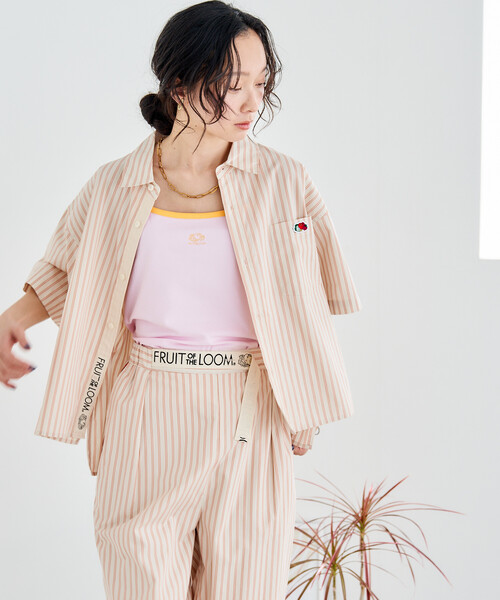 ブラウス シャツ FRUIT OF THE LOOM × FREAK'S STORE/フルーツオブザルーム 別注 マルチストライプ半袖ショートシャツの画像