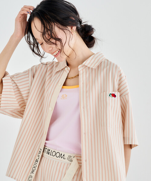 ブラウス シャツ FRUIT OF THE LOOM × FREAK'S STORE/フルーツオブザルーム 別注 マルチストライプ半袖ショートシャツの画像