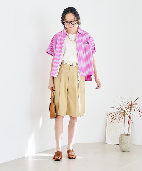 ブラウス シャツ FRUIT OF THE LOOM × FREAK'S STORE/フルーツオブザルーム 別注 マルチストライプ半袖ショートシャツの画像