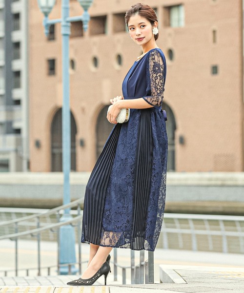 Drawer ドゥロワーワンピースドレス総レース36 ネイビー美品