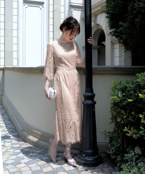 GIRL DRESS FOR NOW ドレス パネル柄総レース五分袖 Iライン