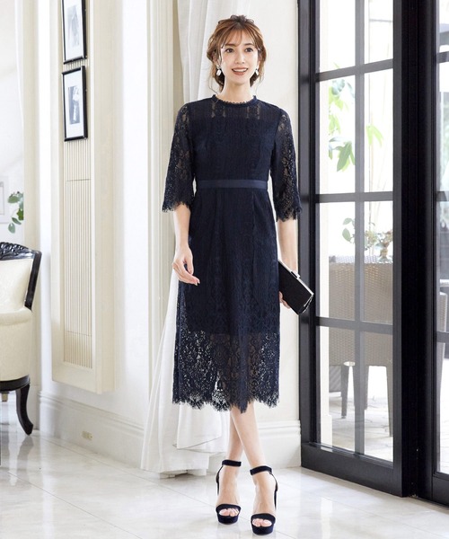 パーティードレス 結婚式 ワンピース フォーマル　　L 総レース　半袖　五部袖 GIRL DRESS FOR NOW ドレス パネル柄総レース五分袖 Iライン