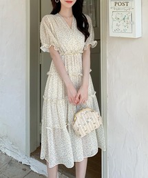 DIOR フリル裾 半袖ワンピースXS DAY CLOSET ワンピース レディース 半袖小花柄ティアードフリル