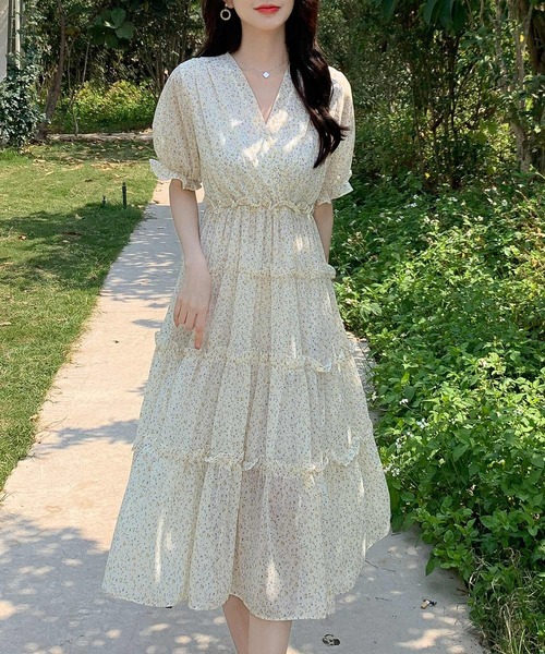 M'S GRACY ワンピース 小花柄 ティアード 花柄 フリル 40 L