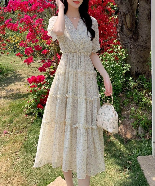 DAY CLOSET ワンピース レディース 半袖小花柄ティアードフリル