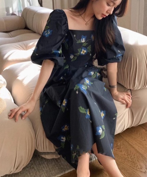 花柄ワンピース スクエアネック パフスリーブ スリット cr9678 N.s ワンピース パフスリーブスクエアネック花柄ワンピース