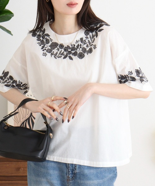 ブラウス シャツ EMAGO レース風刺繍ブラウス レディース