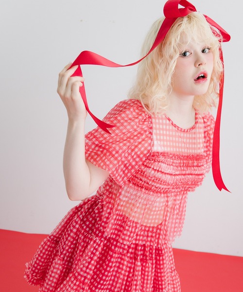 ブラウス シャツ gingham check sheer blouse/ギンガムチェックシアーブラウス レディース